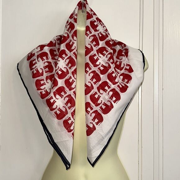 Vtg  Echo large white thin cotton square scarf with red elephants & blue border - Picture 2 of 9